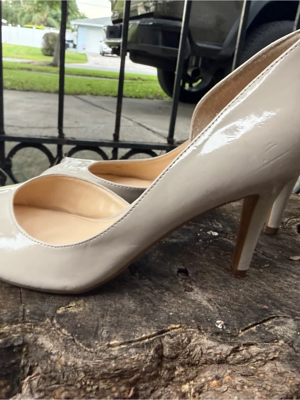 Marc Fisher Patent Open-Toe Pumps in Beige